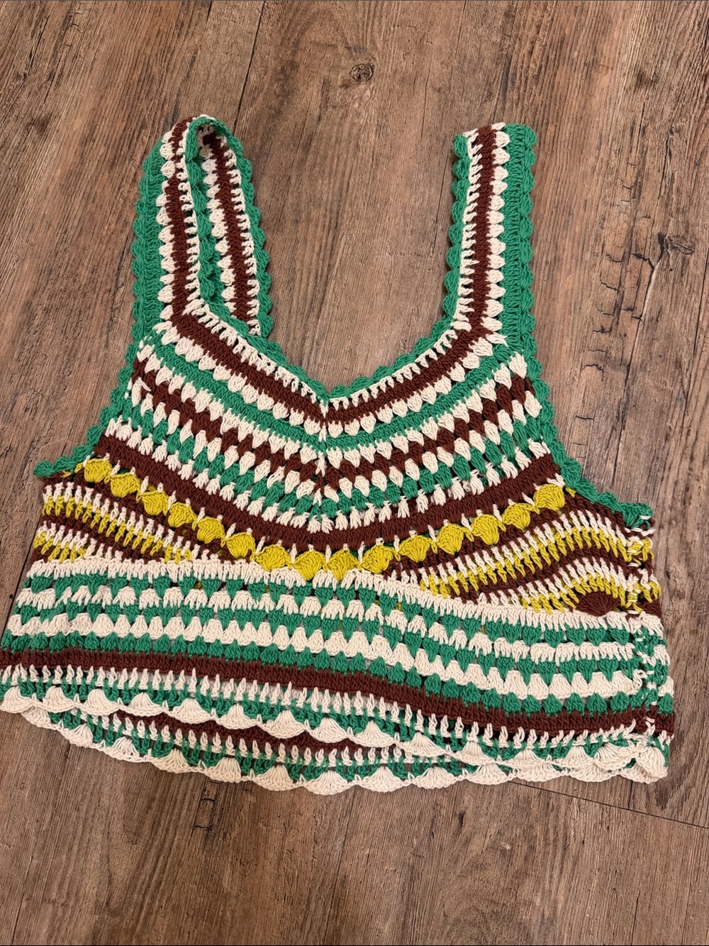 Zara Green Cream Brown Striped Crochet Tank with Yellow Accents - Picture 4 of 4